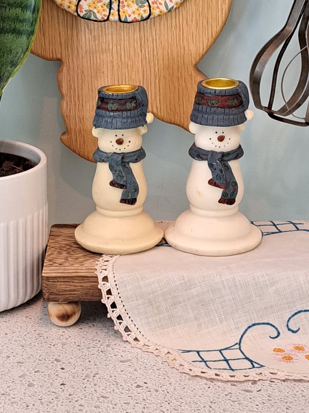 Vintage Cream Snowman Candle Holders with Blue Hats and Scarves